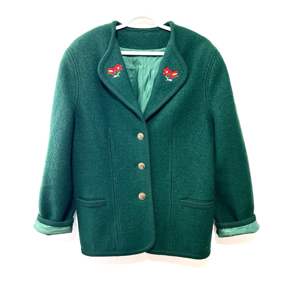 Vintage 90s Austrian Boiled Wool Jacket Hunter Green Folk Floral Embroidery M/L